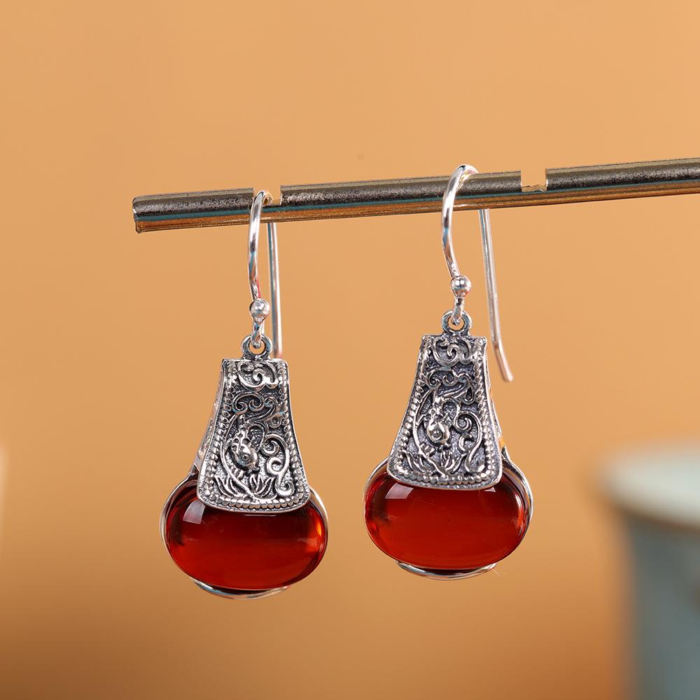 本命年925银复古民族风饰品血珀耳饰品古典做旧配饰耳环女款礼物