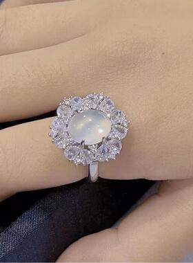 本命年银镶嵌冰种白玉髓气质款戒指翡翠绿玛瑙时尚大气玉石雪莲花