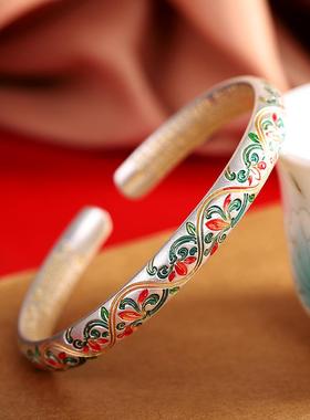 本命年银9珐琅手镯开口新中式国潮花卉描内刻心经银镯子礼物