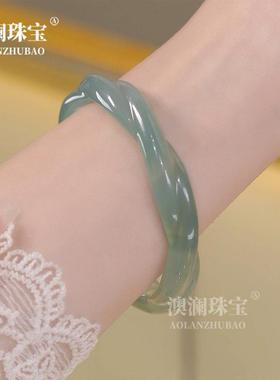 本命年油青玛瑙麻花手镯青绿色与玉髓绞花镯子远山黛女款玉镯礼物
