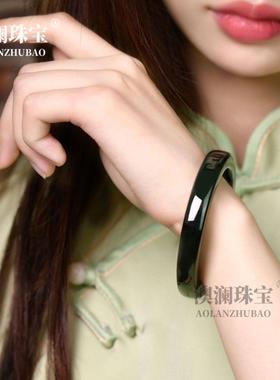 本命年新疆和田玉手镯女塔青墨绿色方镯玉石青玉加宽加厚镯子玉镯