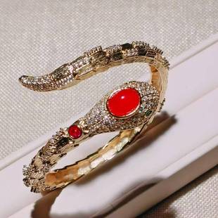 本命年玛瑙玉髓古法镂空镶嵌珐琅彩蛇开口手镯礼物