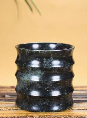 本命年新疆西藏药王石茶杯陨石茶具墨玉竹节杯水杯器皿茶具礼物