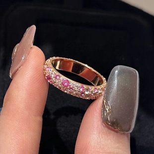 本命年S925纯银镀玫瑰色红刚玉粉钻密镶叠戴戒指渐变粉红钻戒礼物