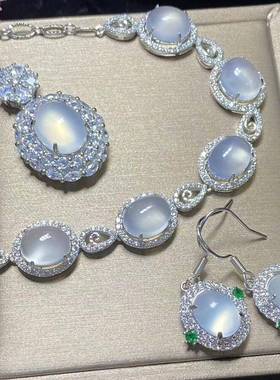 本命年银镶嵌冰种白玉髓鸽子蛋吊坠套装玉石手链戒指耳环三件套礼