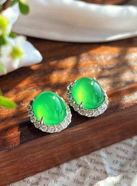 本命年简约起光绿玉髓蛋面耳钉百搭绿色玉石玛瑙女耳坠饰品小灯泡