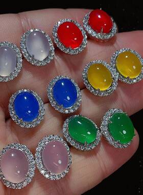 本命年高冰925银镶嵌玉髓戴妃款耳钉玛瑙女款玉石耳环耳坠礼物