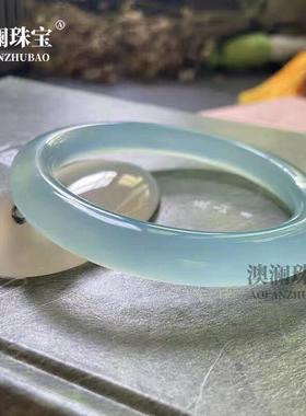 本命年高冰天青冻胖圆条玉髓手镯时尚款天空蓝玛瑙玉髓玉石手环礼