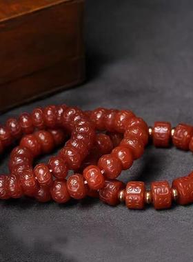 本命年红玛瑙圆珠手串回纹雕花算盘珠单圈手链复古玛瑙回纹竹节手