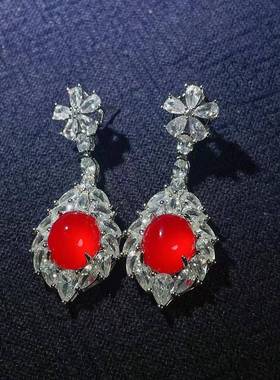 本命年925银镶嵌高冰绿玉髓耳环红玛瑙女款百搭玉髓玉石耳钉耳坠