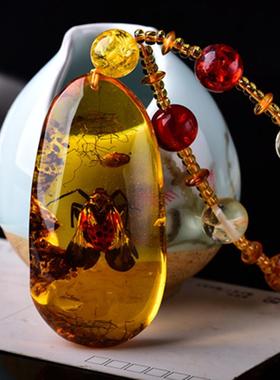 本命年蜜蜡琥珀瓢虫化石吊坠挂件简约男女款礼物