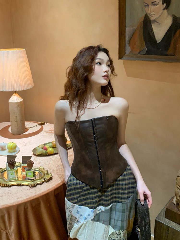 韩版时尚不规则拼接pu皮夏季新款百搭鱼骨抹胸小件上衣