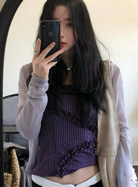 紫色交叉花边抹胸背心吊带弹力不掉夏季百搭显瘦无袖背心上衣25SS