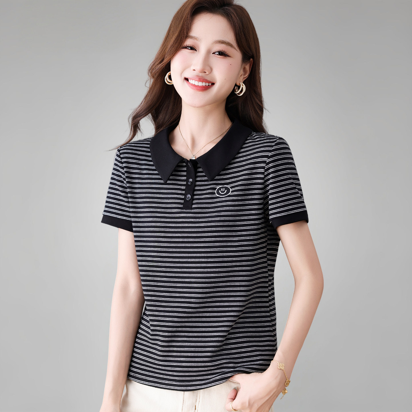 条纹短袖t恤女夏季显瘦翻领上衣T