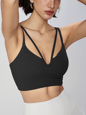 裸感双吊带瑜伽背心带胸垫细肩带运动内衣女V领健身文胸美背