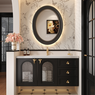 法式复古风浴室柜组合陶瓷一体盆卫生间洗漱台洗脸盆橡木烤漆定制