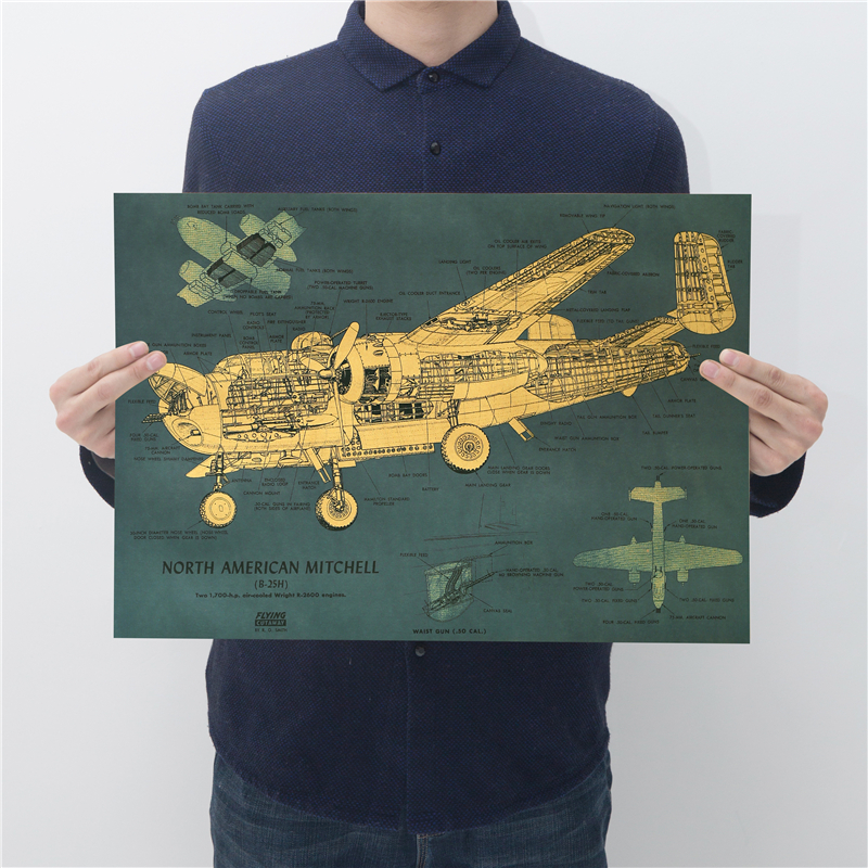 美国B-25H战机设计图纸 复古工业风牛皮纸海报 装饰画 宿舍贴画