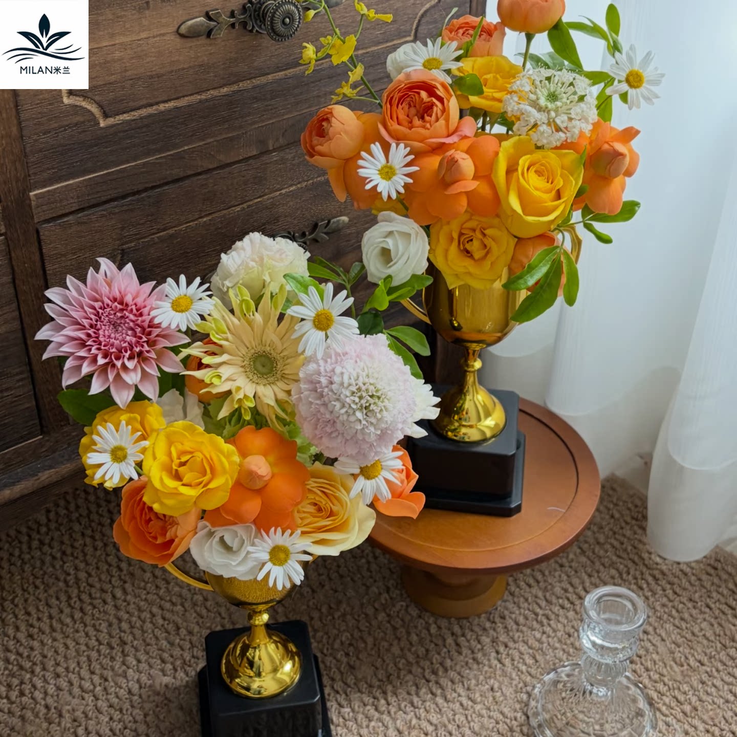 金色塑料冠军奖杯 鲜花花束插花盒 礼物包装盒 花艺手工diy材料图片