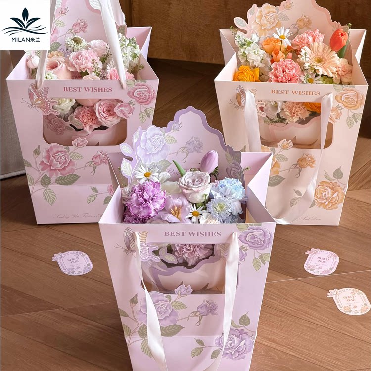 母亲节新款花蝶梯形橱窗手提袋鲜花礼物包装袋加厚牛皮纸袋手拎袋