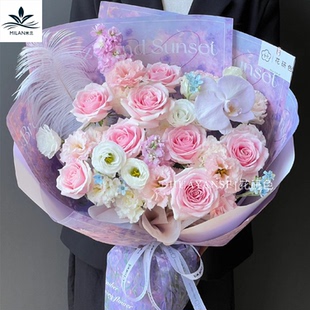 紫色花束包花纸油画氛围纸鲜花花束包装纸花艺礼物简约英文背景纸