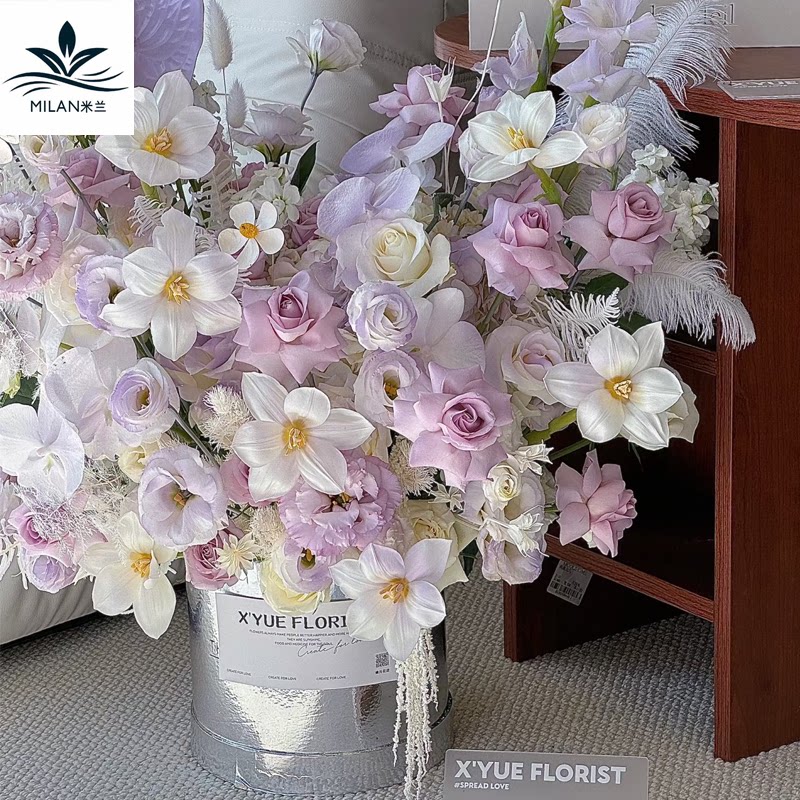 英文银色抱抱桶花盒圆形鲜花包装盒花艺永生花插花礼物盒手捧花盒