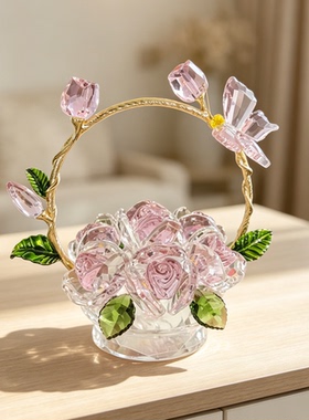 水晶花篮玫瑰花摆件客厅玄关装饰品工艺品桌面创意简约装饰送礼