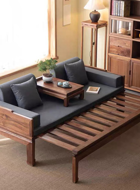 新中式实木罗汉床黑胡桃木推拉床榻小户型客厅简约伸缩两用沙发床