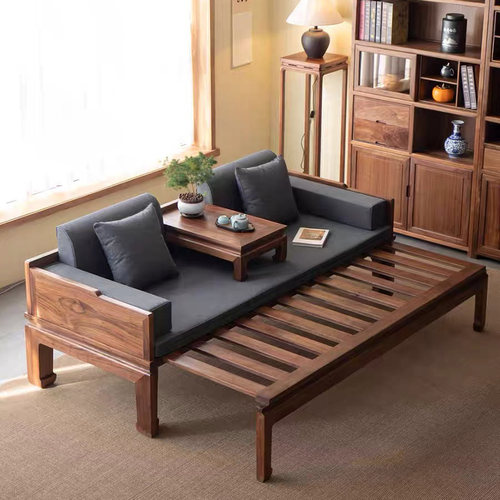 安逸轩实木推拉罗汉床北美黑胡桃