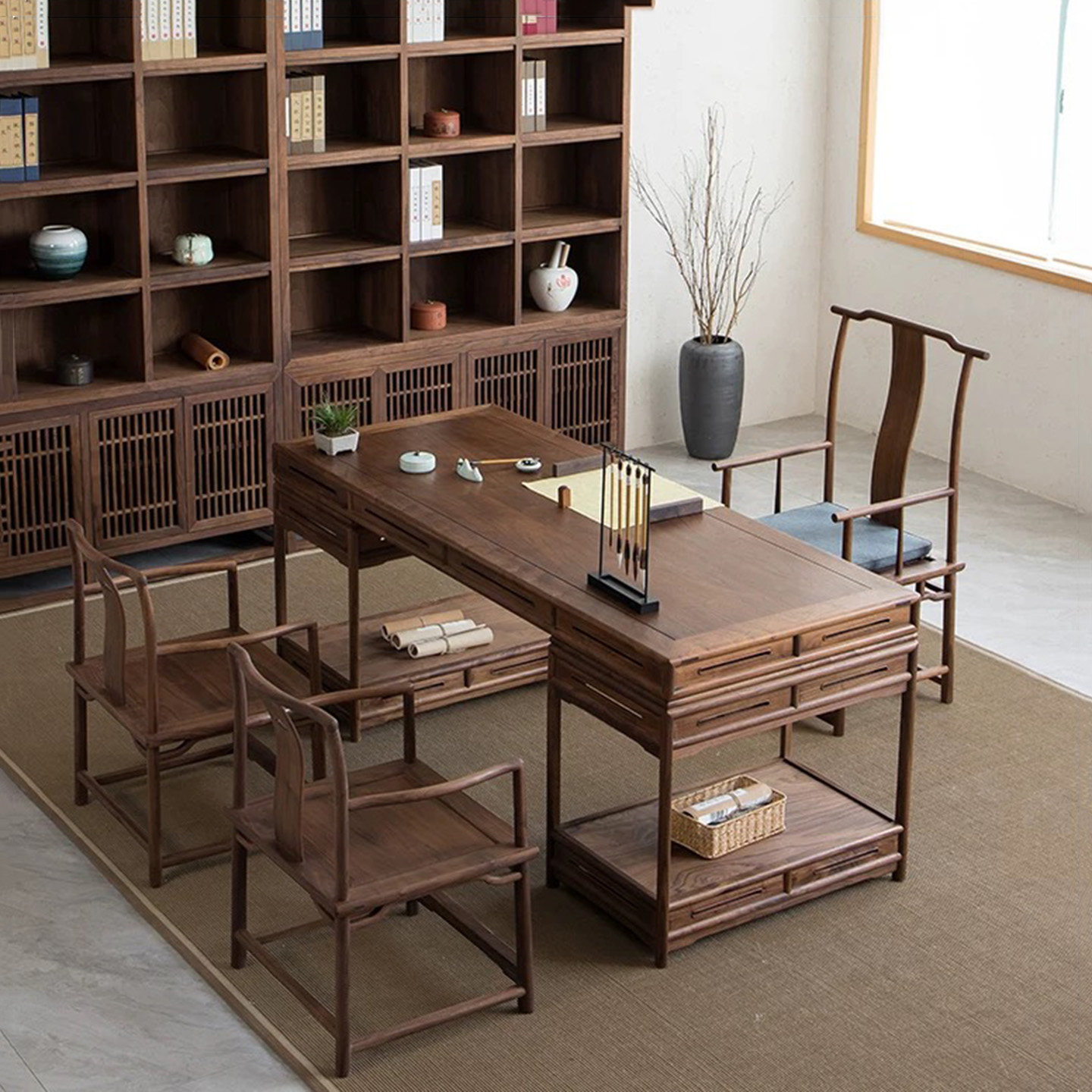 新中式书桌画案实木禅意写字台榆木办公桌黑胡桃木书法桌简约家具