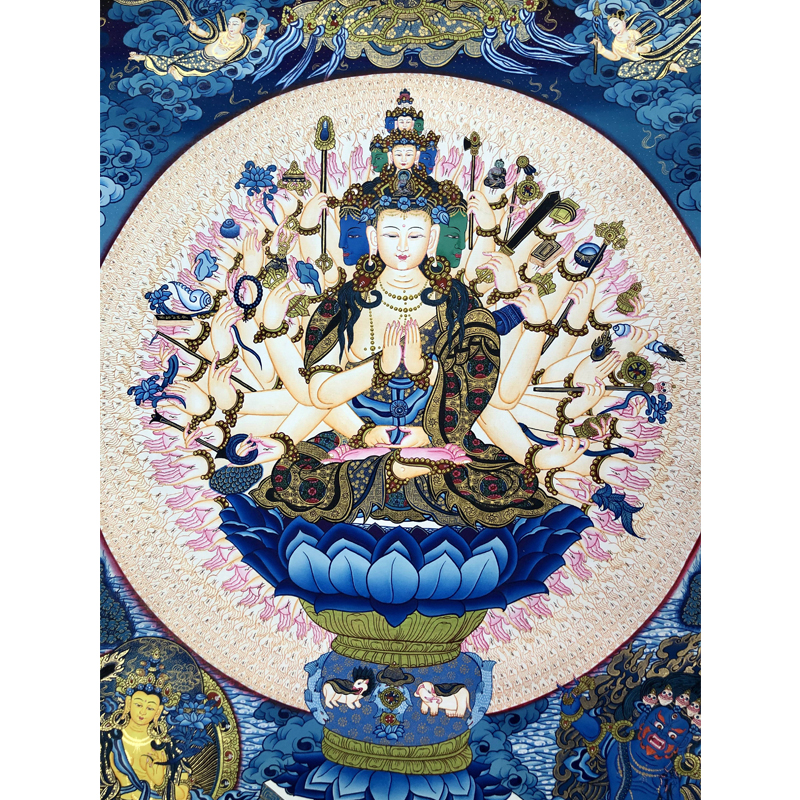 唐卡西藏手绘尼泊尔纯手工蓝唐千手观音菩萨客厅玄关佛像装饰画
