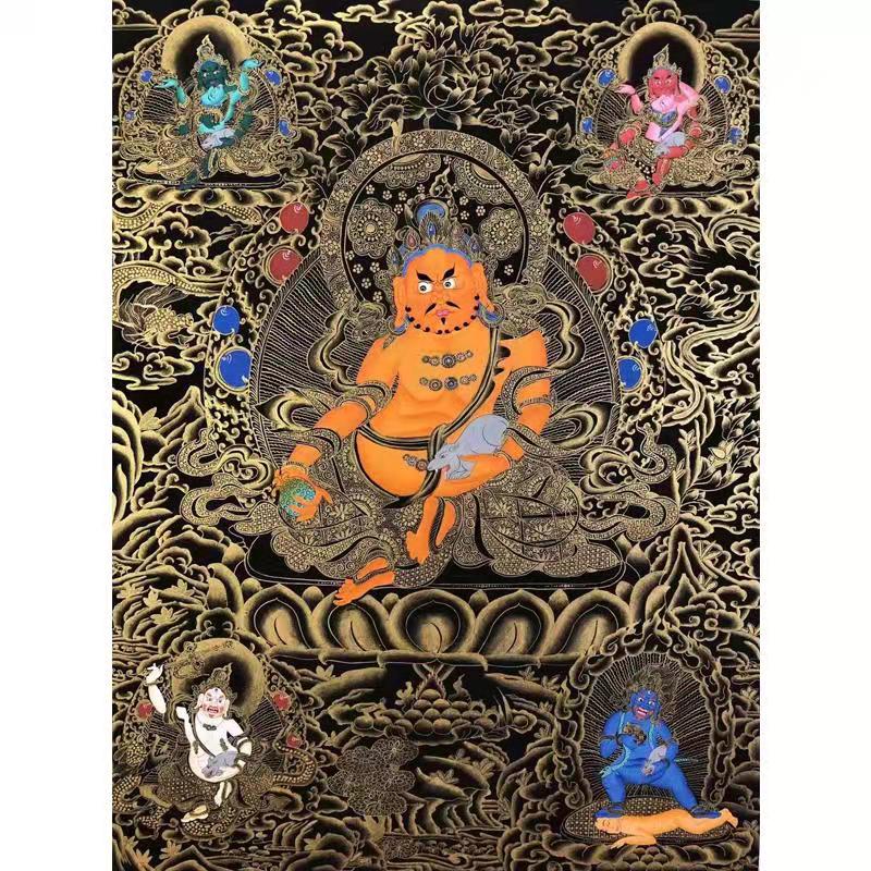 黄财神五部财神尼泊尔纯手绘藏族唐卡装饰画客厅玄关招财镇宅挂画