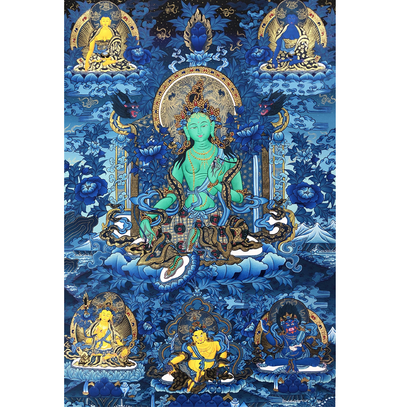 唐卡西藏手绘尼泊尔纯手工收藏级蓝唐绿度母客厅玄关挂画装饰画