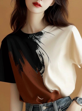 复古扎染正肩短袖T恤女2025年显瘦宽松上衣时尚别致国风200斤大码