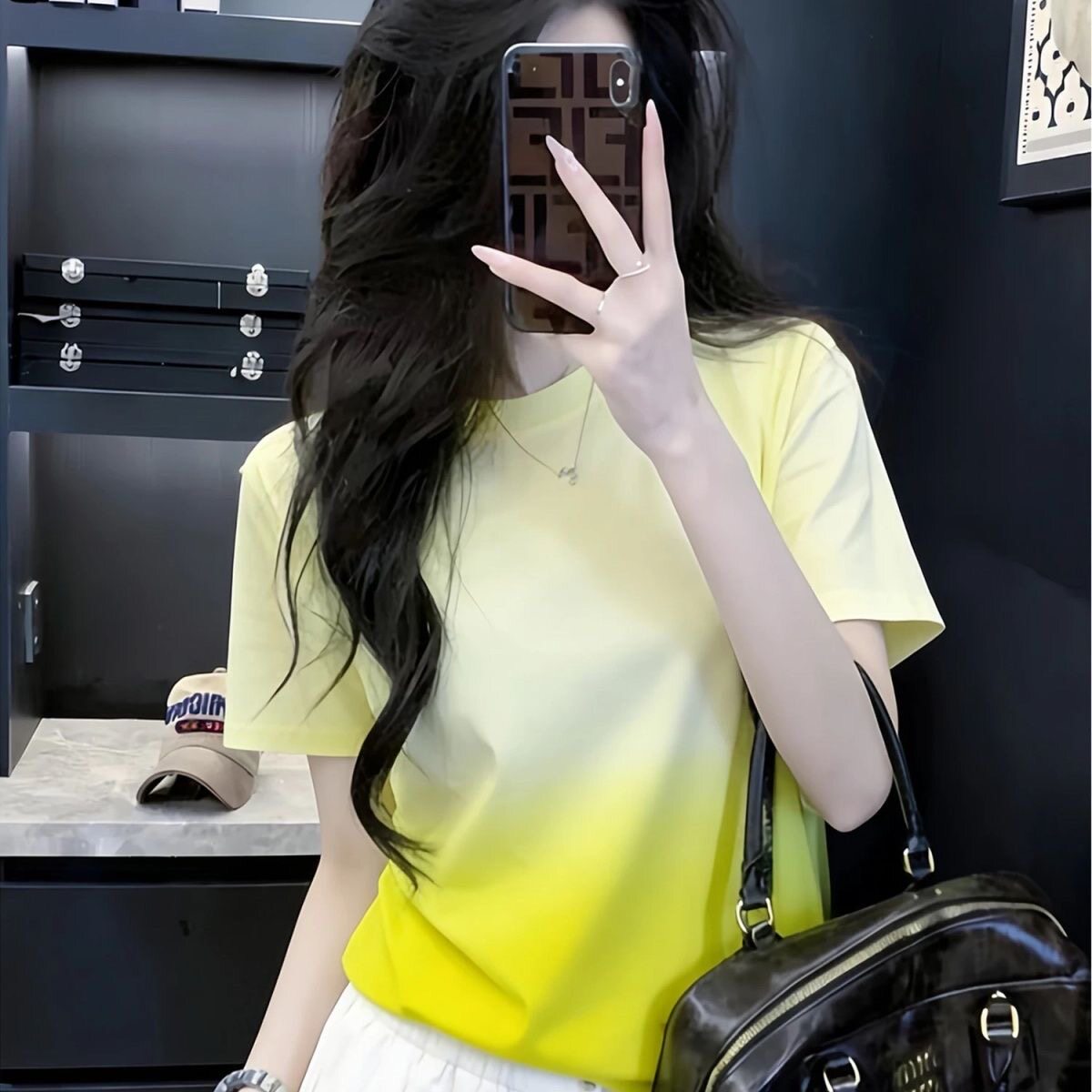 黄色渐变扎染女短袖夏季T恤2026新宽松小众韩版减龄设计上衣200斤
