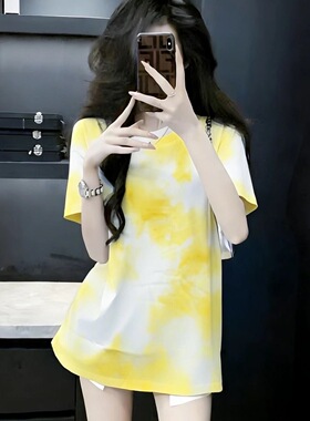 黄色扎晕染女短袖女t恤夏季2026年新款高级减龄设计大码200斤