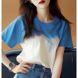 蓝白色扎染短袖 独特别致上衣显瘦洋气减龄T恤200斤 t恤女2025夏季
