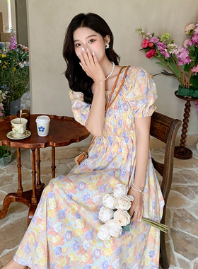 现货！2024夏季法式桔梗纯棉印花长款松紧腰连衣裙C025 P115K168