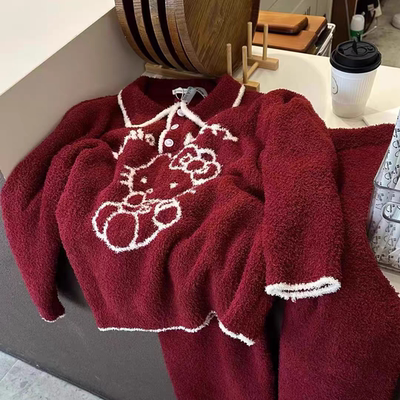 红色睡衣女冬季半边绒家居超柔软超保暖可爱KT猫本命年家居服女款