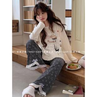 奶白色卡通花边蝴蝶结圆领居家服套装 休闲长袖 秋冬季 小熊睡衣女款