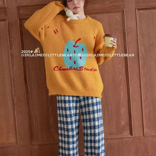 圆领家居服套装 小熊家新款 半边绒睡衣女秋冬加绒加厚字母苹果长袖