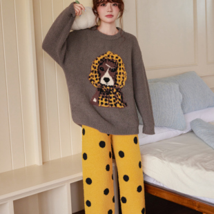 可爱卡通高级灰家居服加绒加厚套装 小熊家新款 半边绒秋冬睡衣女款