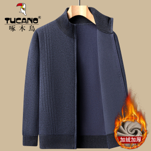 啄木鸟秋冬中老年开衫 毛衣加厚加绒爸爸休闲针织上衣外套保暖 男士