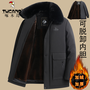啄木鸟中老年冬季中长款外套男加绒加厚羽绒棉服中年爸爸保暖棉衣
