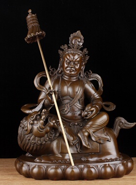 纯铜黄财神摆件大号财宝天王骑狮黄财神毗沙门多闻天王密宗佛摆件