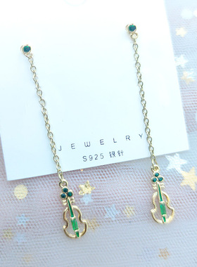 E597绿色小提琴流苏耳环圆脸显脸瘦耳钉女简约 情侣饰品韩国女生
