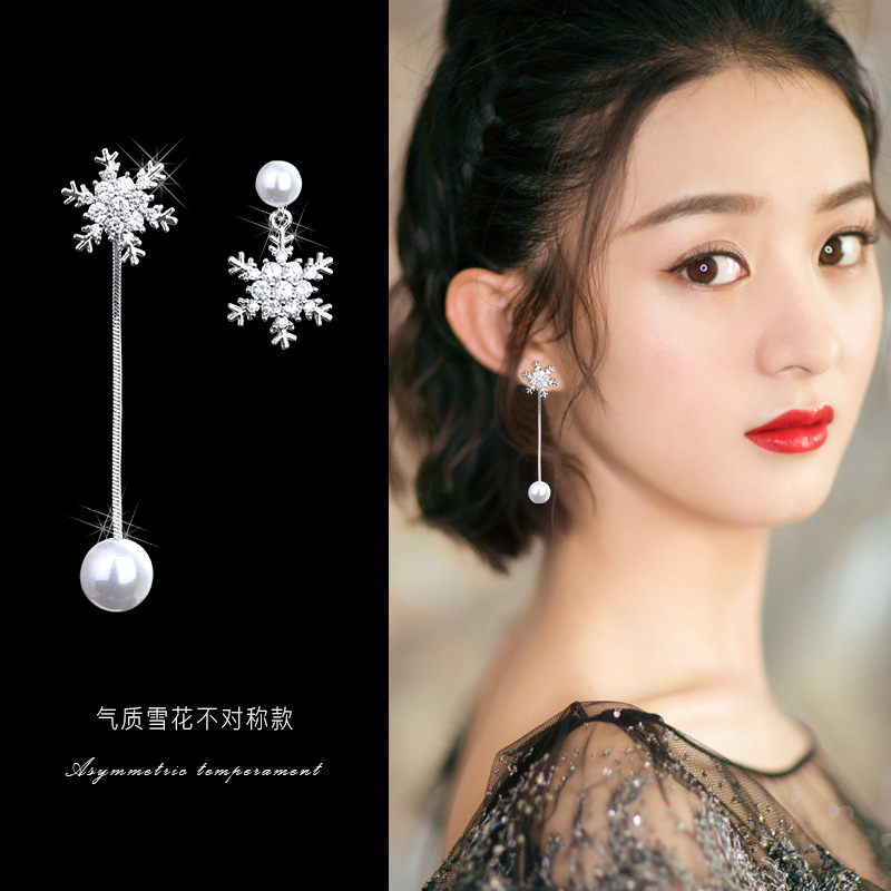 不对称雪花纯银韩国长款珍珠耳环