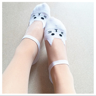 短袜超薄纯棉底透气水晶袜玻璃丝袜猫咪船袜女士丝袜 日系韩国夏季