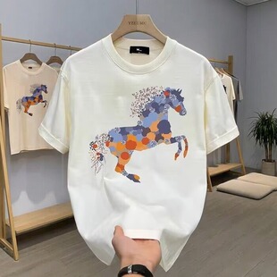 2026本命年马年新中式百搭短袖中国风印花国潮战马休闲宽松T恤男