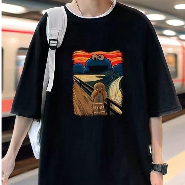 ins风抽象艺术梵高短袖T恤男港风打底衫痞帅半袖潮牌落肩宽松上衣