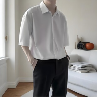 白色冰丝短袖垂感衬衫男士慵懒风高街五分袖宽松薄款休闲痞帅衬衣